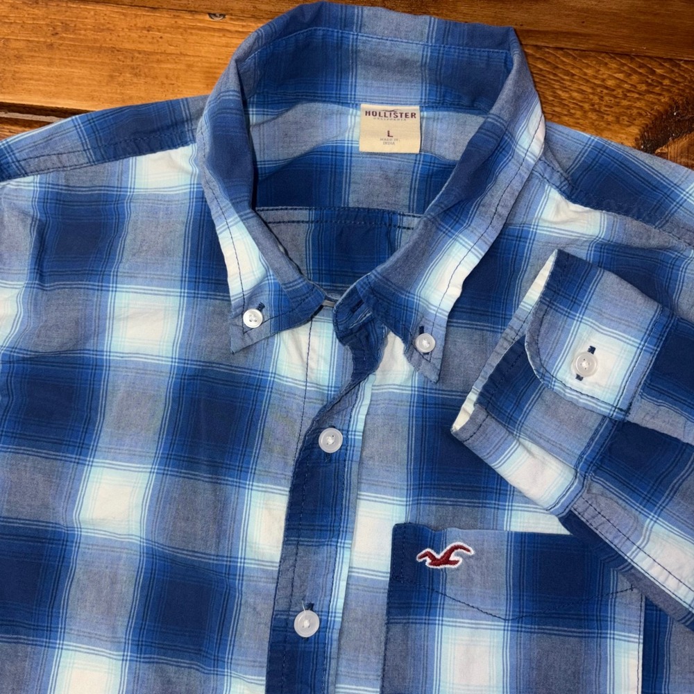 Hollister Button Down Shirt Men Large Blue Plaid Long Sleeve Cotton Pocket Retro